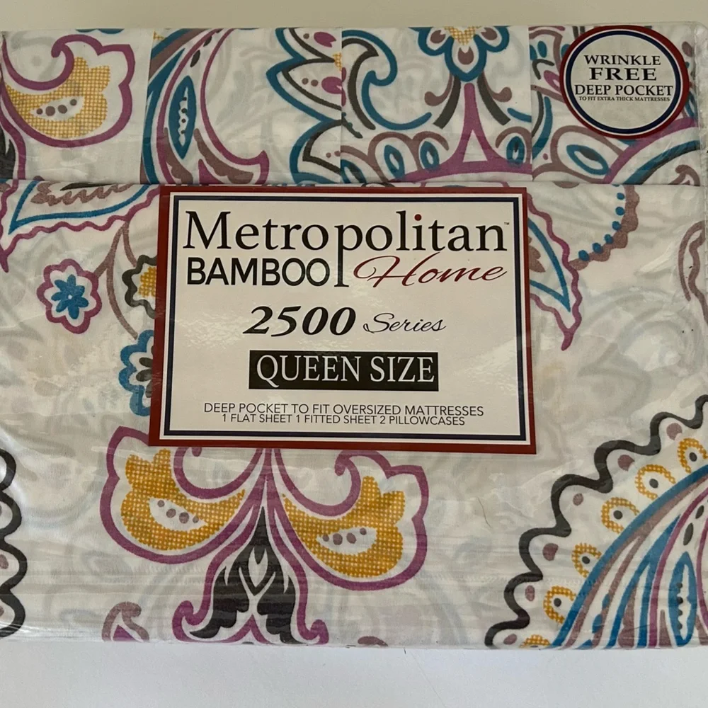 Queen Sheet Set Paisley Florals Blue White Bamboo Home - Picture 1 of 8